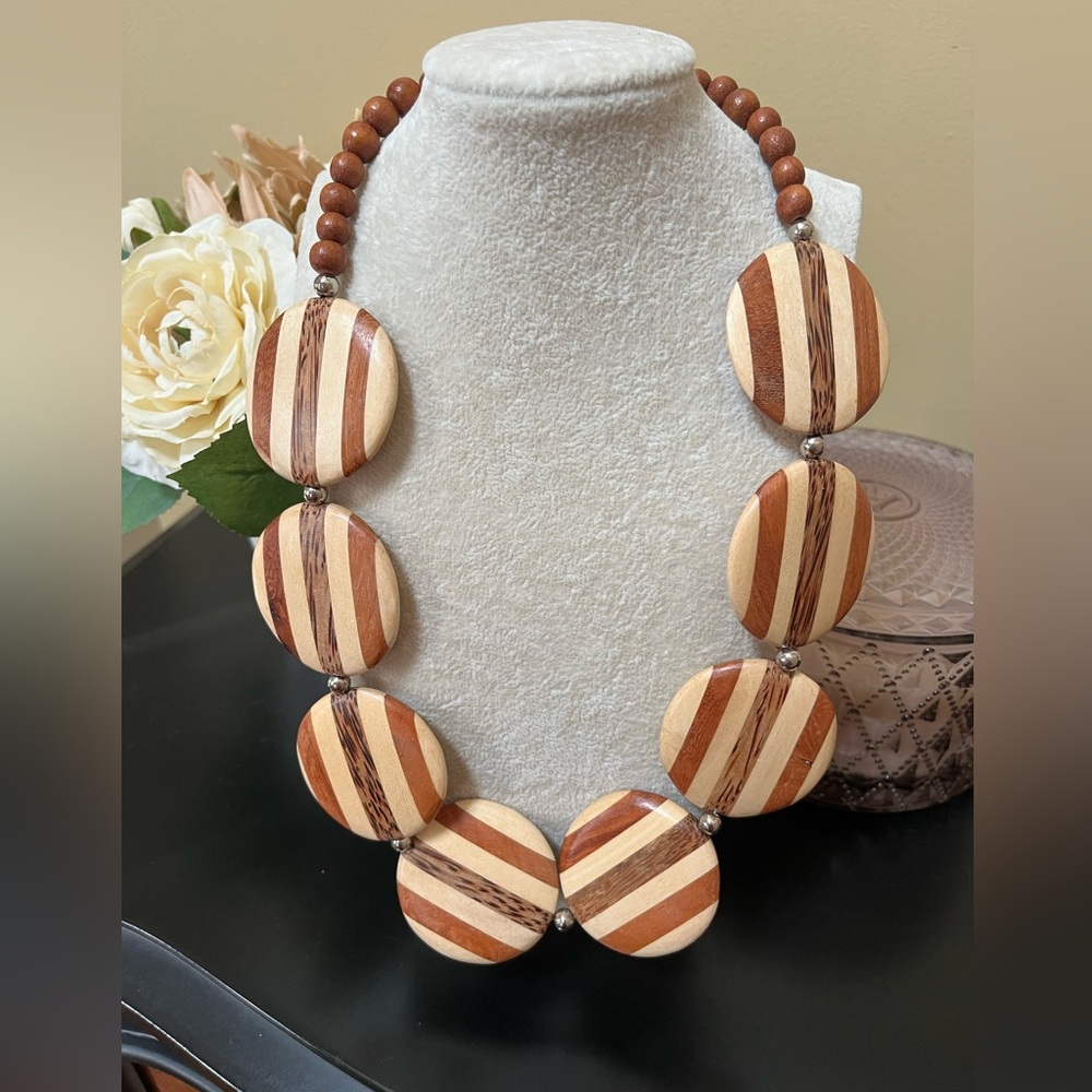 Bamboo Boho style Necklace Striped brown & cream fashion necklace vintage